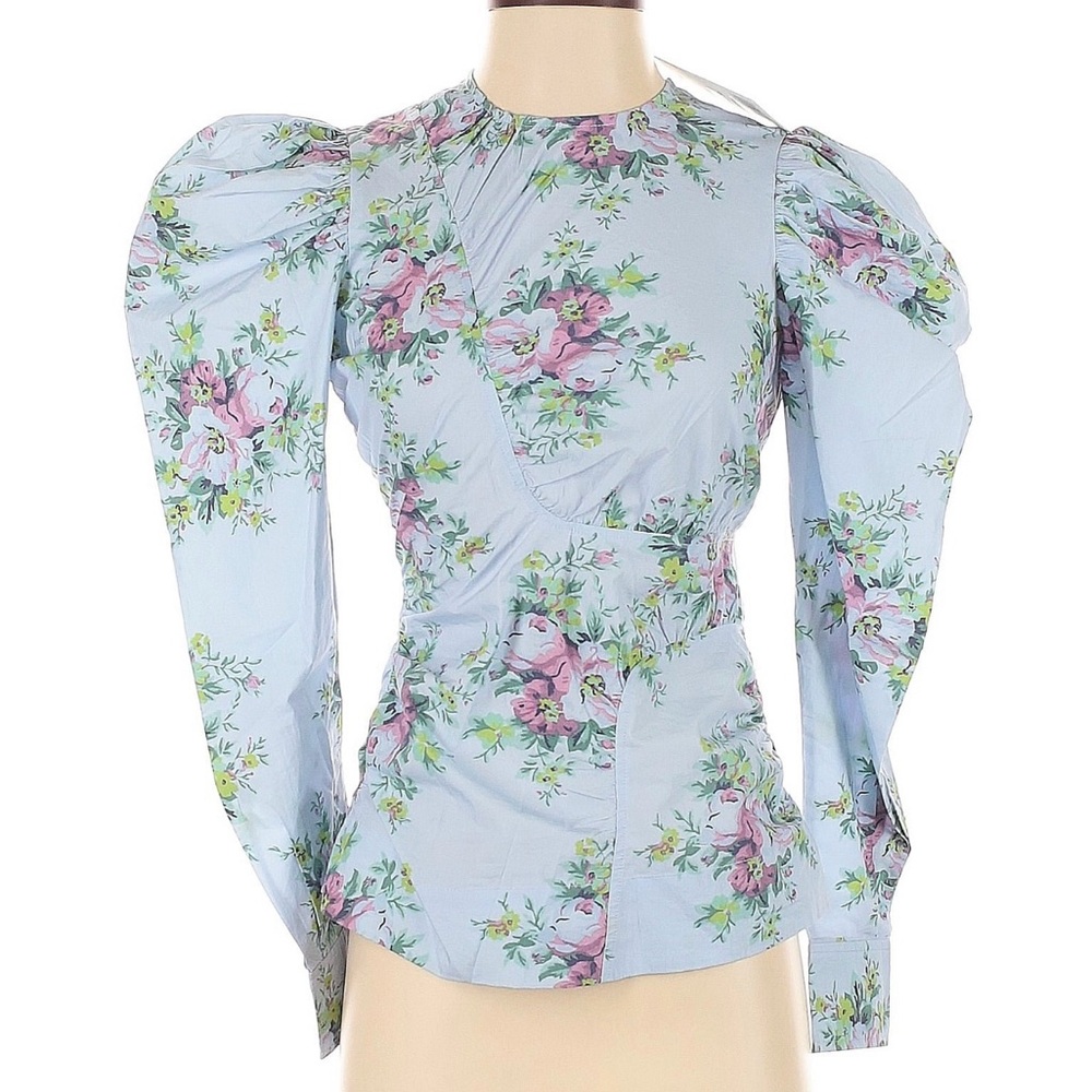 Ganni Floral Puff Sleeve Top - Blue